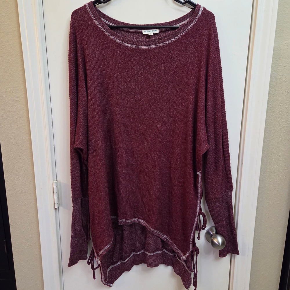 EARTHBOUND TRADING CO Burgundy Marled Ribbed Dolman Sleeve Lace Up Side Sweater